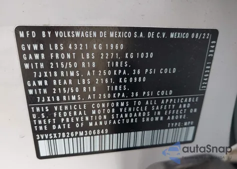 2023 Volkswagen Taos 1.5T Se z USA, uszkodzony, nr VIN 3VVSX7B26PM306849